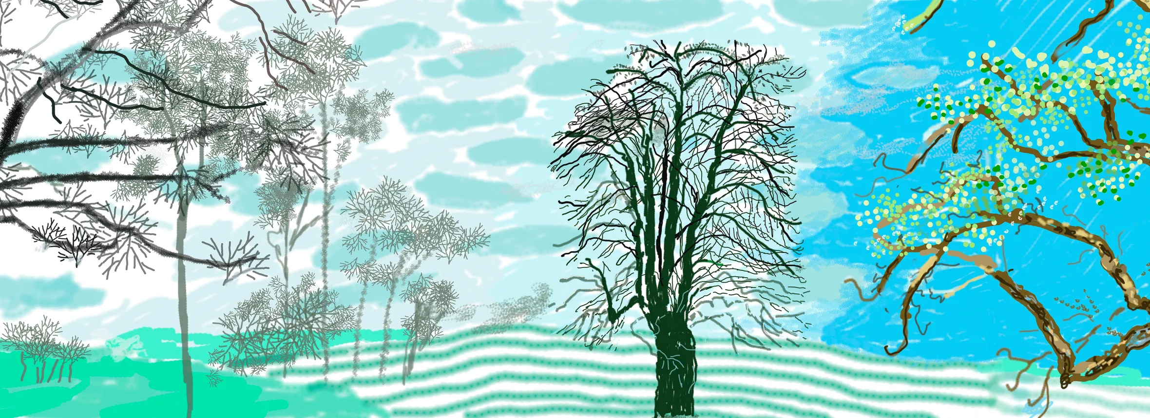 Illustration of a landscape with trees in different seasons, transitioning from winter on the left to spring on the right.