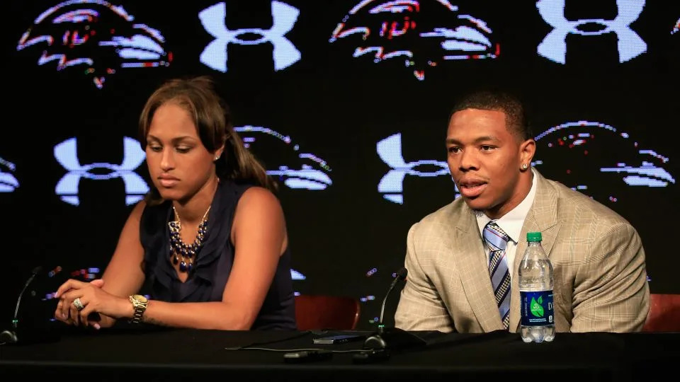 Ray Rice of the Baltimore Ravens sitting alongside his wife Janay addressing the February incident caught on video. - Rob Carr/Getty Images