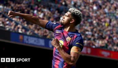 Barcelona captain Ronald Araujo celebrates scoring for Barcelona against Rayo Vallecano in La Liga