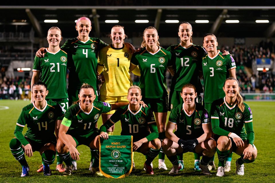 The Republic of Ireland team, back row, from left, Emily Murphy, Caitlin Hayes, Courtney Brosnan, Megan Connolly, Anna Patten and Chloe Mustaki, front row, from left, Marissa Sheva, Katie McCabe, Denise O'Sullivan, Aofie Mannion and Kyra Carusa before the 2027 FIFA Women’s World Cup qualifier against France at Tallaght Stadium in Dublin. Photo by Stephen McCarthy/Sportsfile