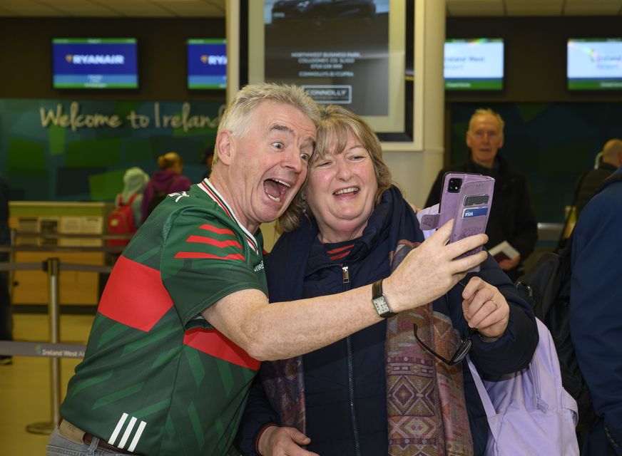 Ryanair chief executive Michael O’Leary pictured with Geraldine Walsh, Newport, pictured with Ryanair CEO Michael O’Leary during his visit to Ireland West Airport Knock. Photo: Michael McLaughlin
