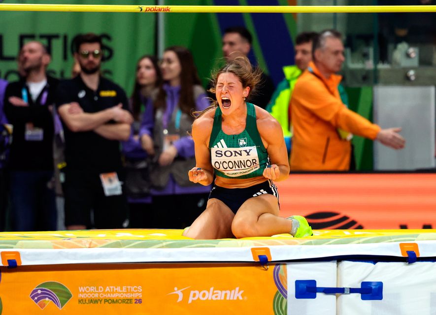 Ireland's Kate O'Connor celebrates a clearance in the pentathlon high jump during day three of the World Athletics Indoor Championships. Photo: Mark Kavanagh/Sportsfile
