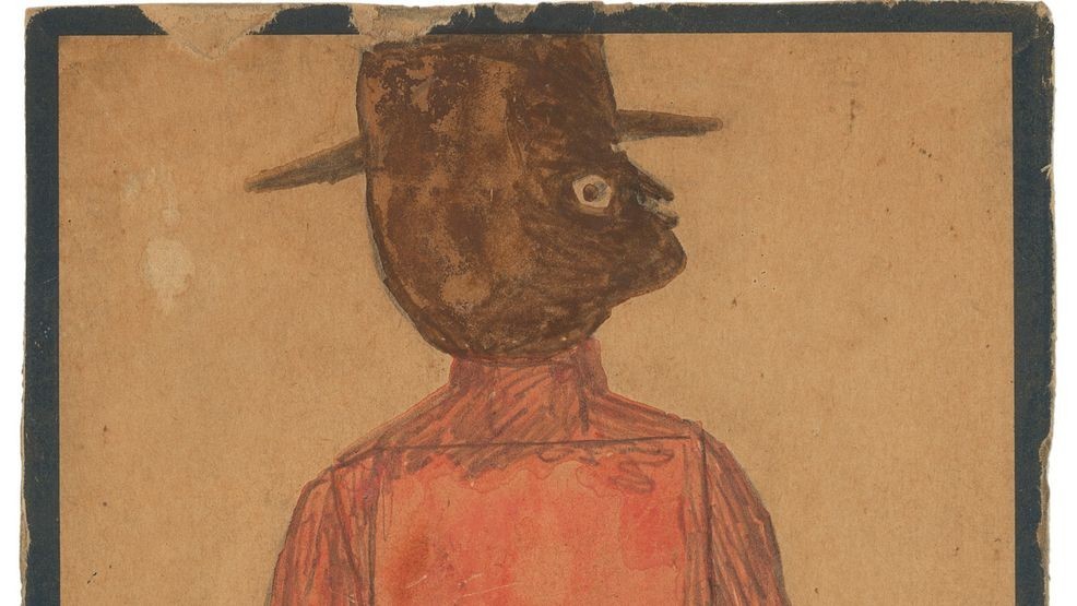 Bill Traylor (1853-1949) Man in Red Shirt with Hat, Umbrella, and Lunchbox, 1939-42 Poster paint and pencil on cardboard 2019.15