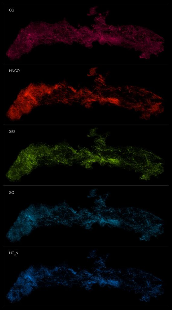 This montage shows the distribution of different molecules in the Central Molecular Zone (CMZ) of the Milky Way. The observations were made with the Atacama Large Millimeter/submillimeter Array (ALMA) as part of the ALMA CMZ Exploration Survey (ACES). ACES has mapped the distribution of several dozen molecules at the center of our galaxy. Five of these molecules are shown here, from top to bottom: carbon monosulfide, isocyanic acid, silicon monoxide, sulfur monoxide, and cyanoacetylene