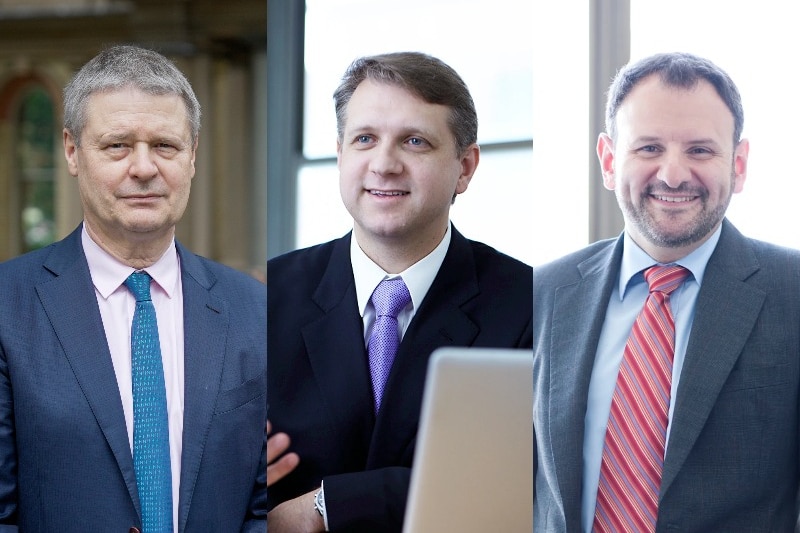 Two photos of men in suits and ties smiling are shown side by side.