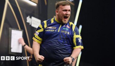 Luke Littler celebrates winning Premier League Darts in Dublin