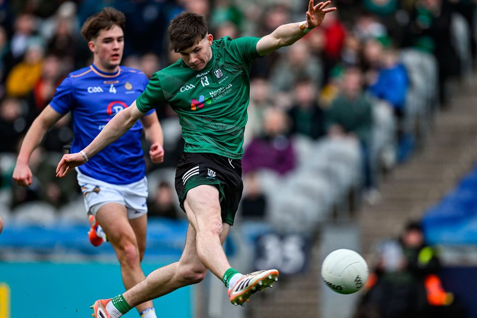 Will Scahill of Coláiste Mhuire Mullingar shoots to score a third minute goal during the Hogan Cup final win over Tralee CBS at Croke Park in Dublin. Photo by Ray McManus/Sportsfile
