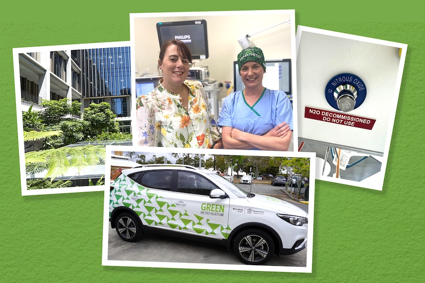 A collage of four photographs of a hospital, with two women in the middle photo