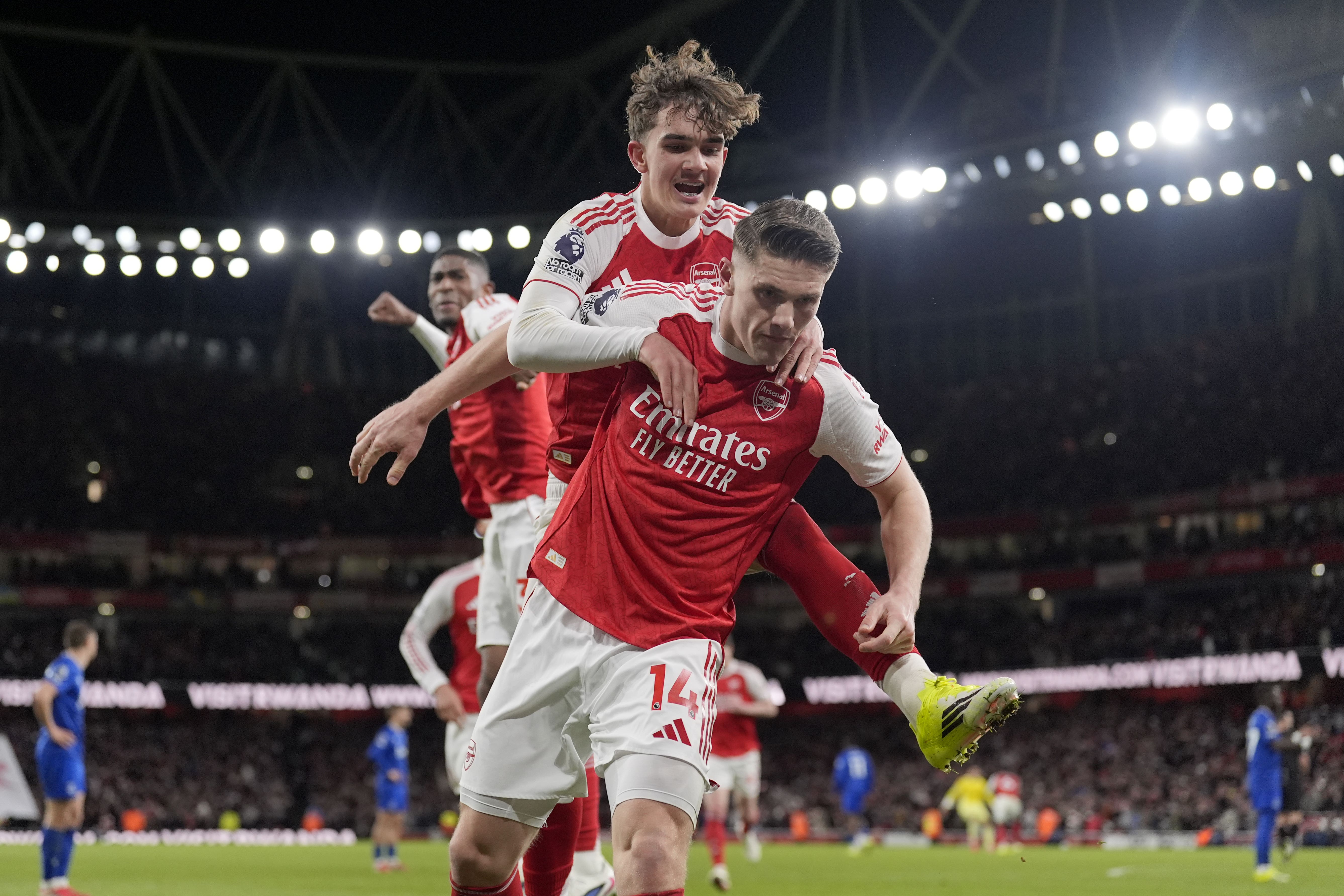 Viktor Gyokeres, front, and Max Dowman grabbed late goals in Arsenal’s win over Everton (Andrew Matthews/PA)