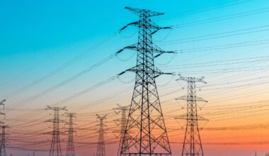A picture of multiple electricity towers connected by long powerlines. The sunset sky behind them is a mix of blue and orange.