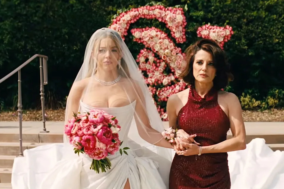 Sydney Sweeney, in a bridal gown, and Alanna Ubach in Season 3 of Euphoria.