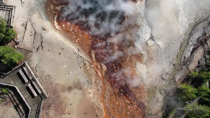 The red coloured geyser seen from overhead