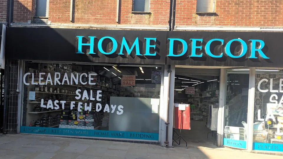 A sign saying 'clearance sale' outside Home Decor in Derby