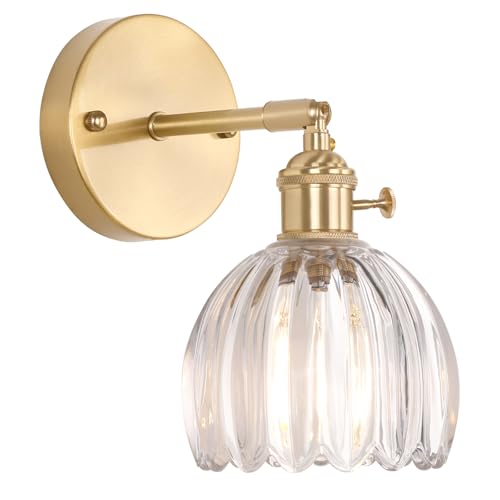 Shenmoyl Vintage Wall Sconces With Transparent Tulip Glass Lampshade 180 Degree Adjustable Brass Sconces Hradwired Modern Wall Lighting Fixture With Switch for Bedside Bedroom Doorway