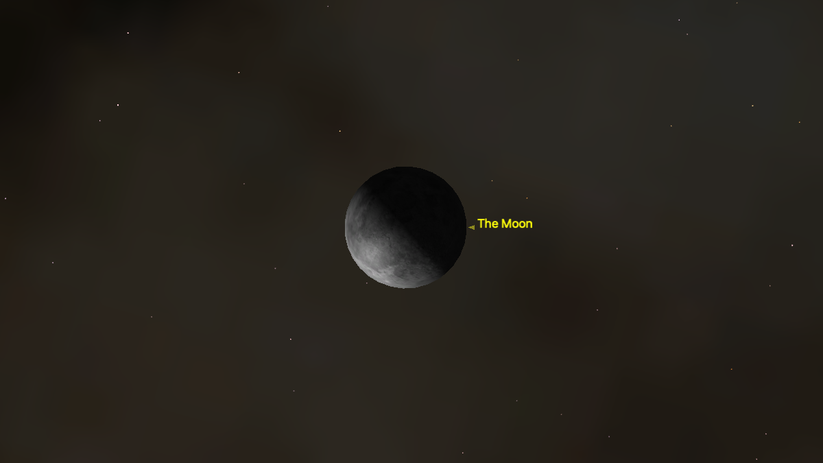A simulation of the moon with its left half lit by direct sunlight is shown during its third quarter phase against a grey night sky.