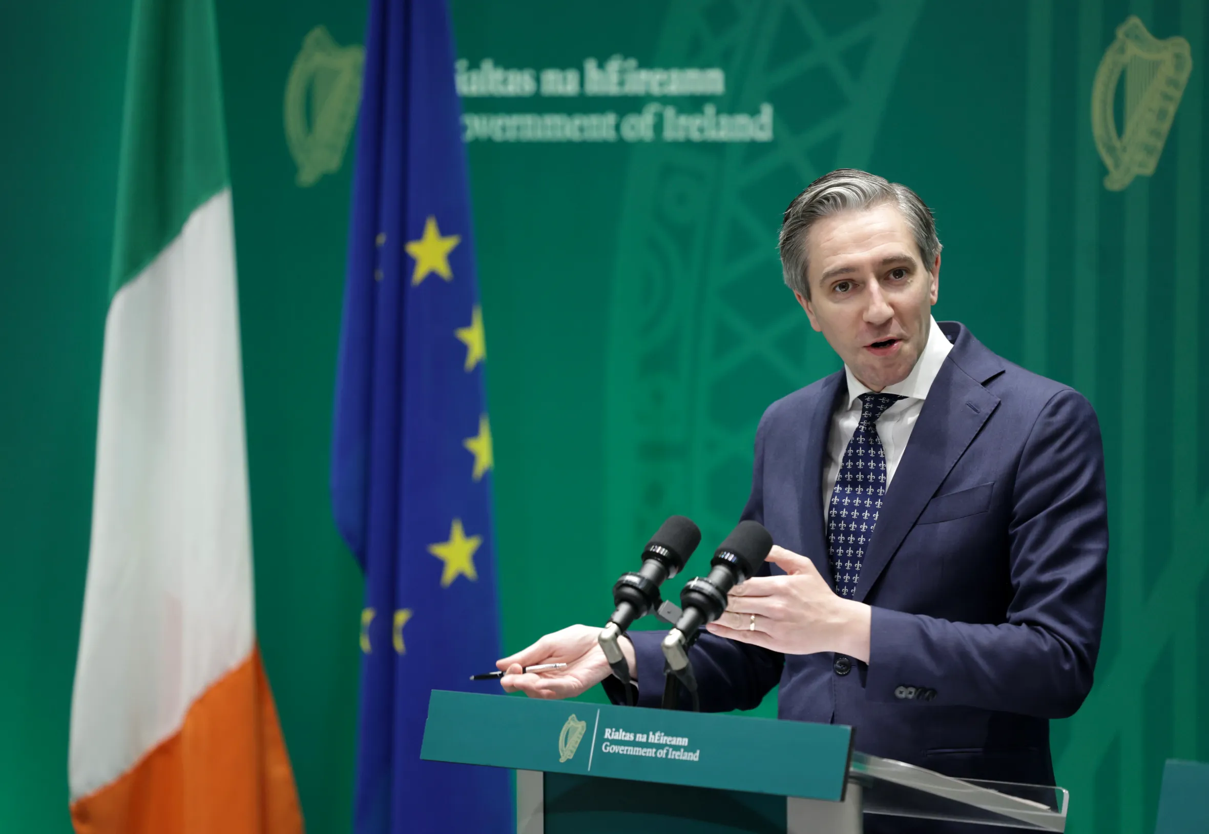 Tanaiste and Fine Gael Minister for Finance Simon Harris speaking to the media at Government Buildings after a cabinet meeting.