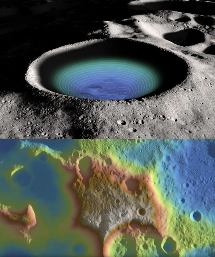 Above: Shackleton Crater: a colour coded and contoured elevation illuminates the crater floor. Below: An overhead view of Mons Mouton, a flat-topped mountain, with colour-coded elevation.