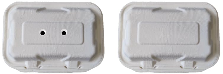 Food cartons with and without the fake eyes.