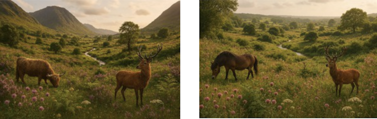 Two AI-generated images of rewilded landscapes