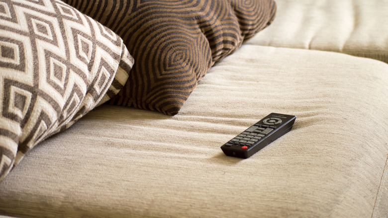 black TV remote placed on a couch next to two cushions