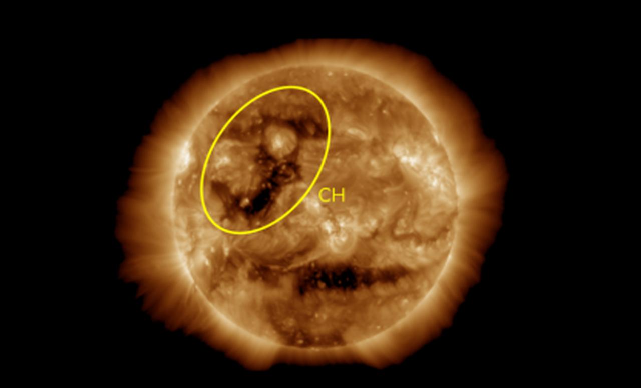 A NASA solar image highlights a coronal hole on the sun's surface, the source of a high-speed solar wind stream that triggered G3-level geomagnetic storming, March 19-21, 2026. (Image via NOAA/Space Weather Prediction Center)