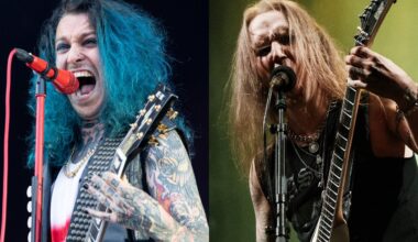 Samy Elbanna onstage with Lost Society in 2022 and Alexi Laiho onstage with Children of Bodom in 2019