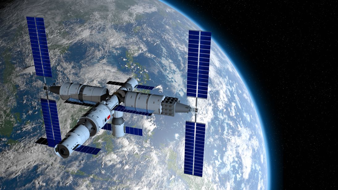 This 3D illustration depicts China's<strong> </strong> Tiangong space station orbiting Earth.