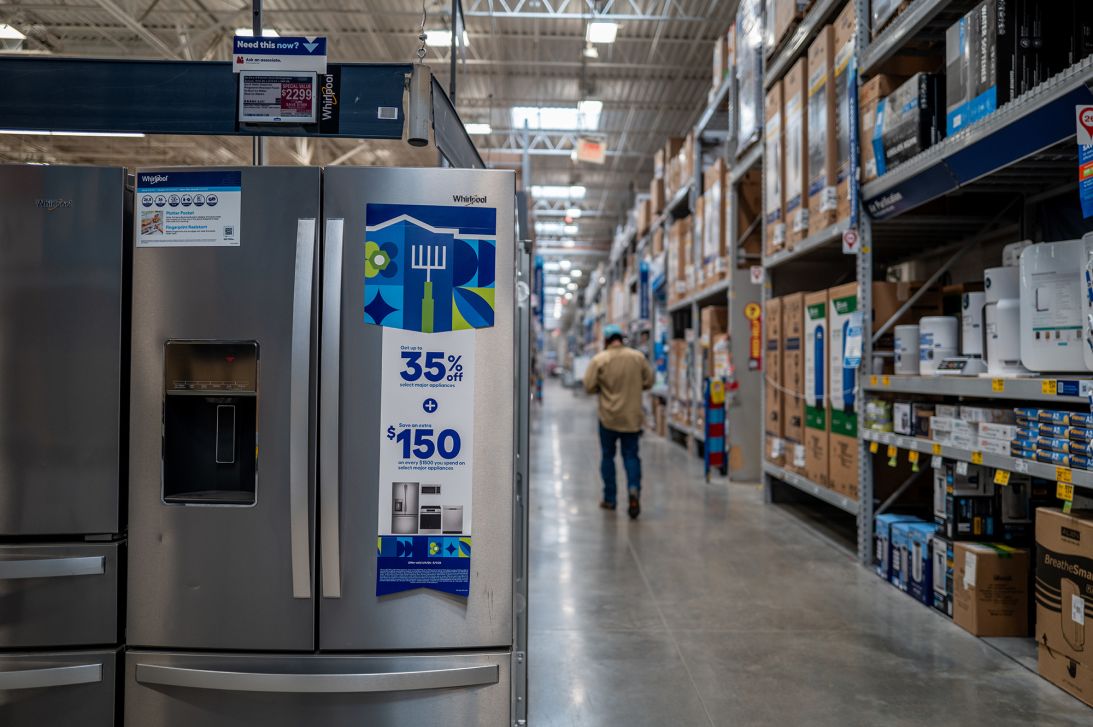 A Whirlpool refrigerator on display at Lowe's.