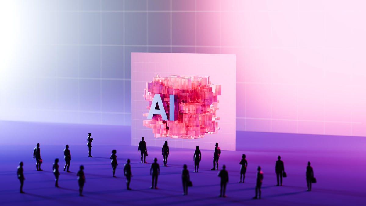 A stylized group of monochrome-colored business professionals stands in formation, all facing a glowing AI symbol suspended in the air.