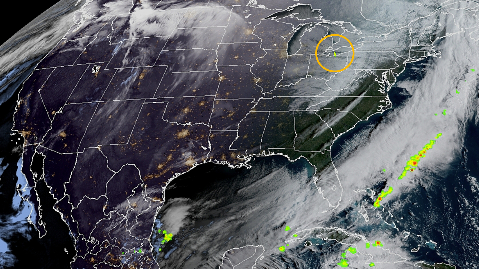 Satellite photo of US showing where the fireball meteor happened