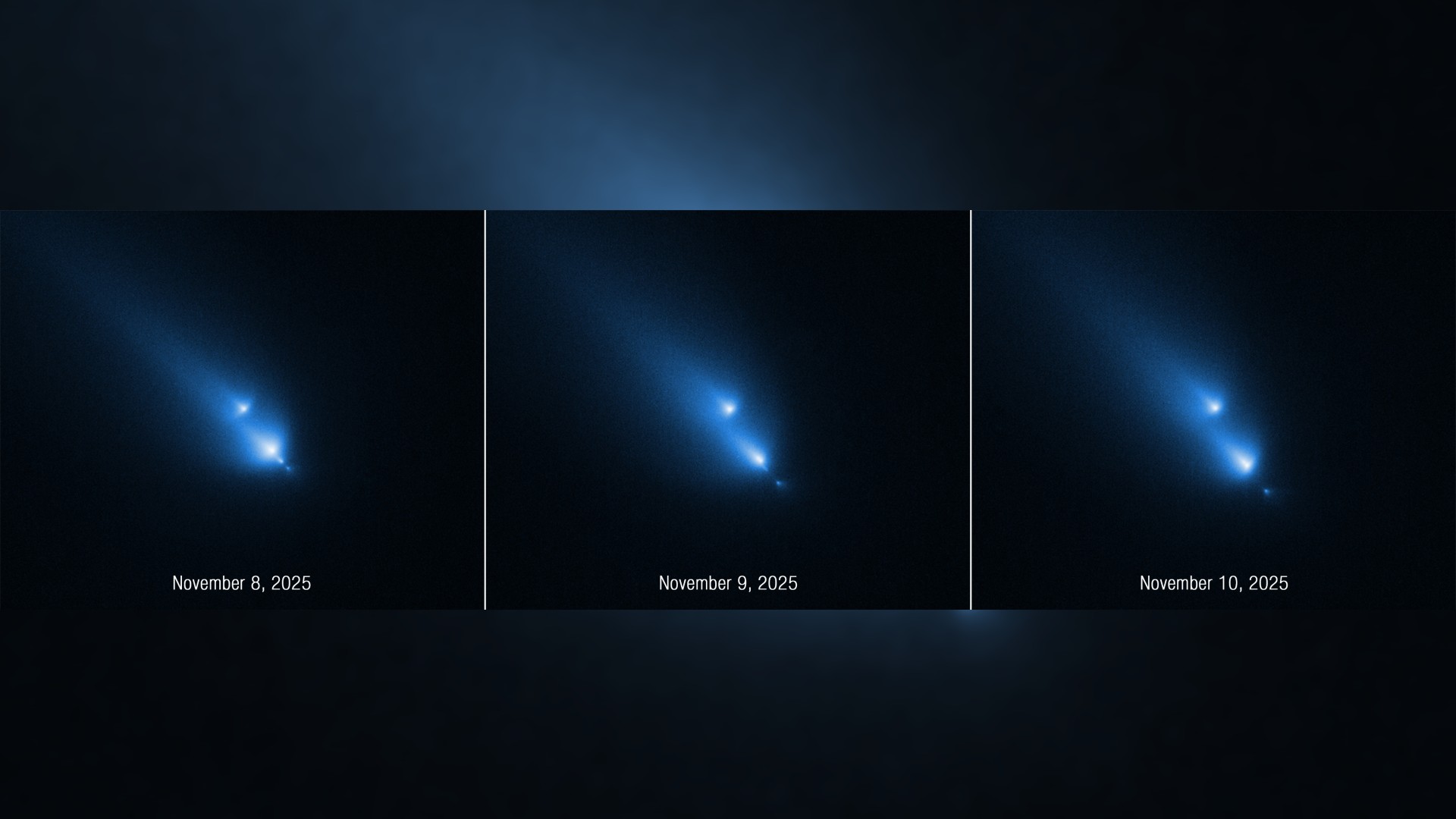 three fuzzy blue splotches of light on a black background, all appearing to leave fuzzy streaks behind them as they travel from top left to bottom right