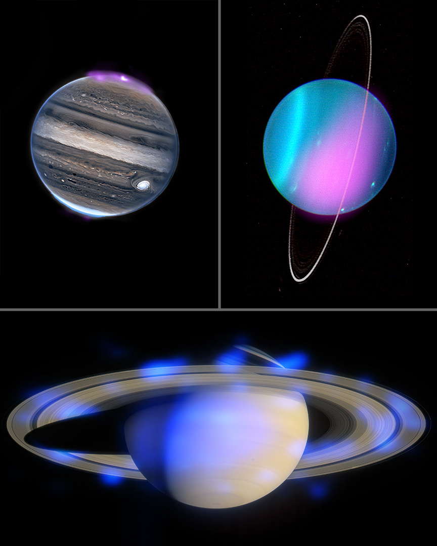 Three images showing Jupiter, Uranus and Saturn with blue and purple blobs.