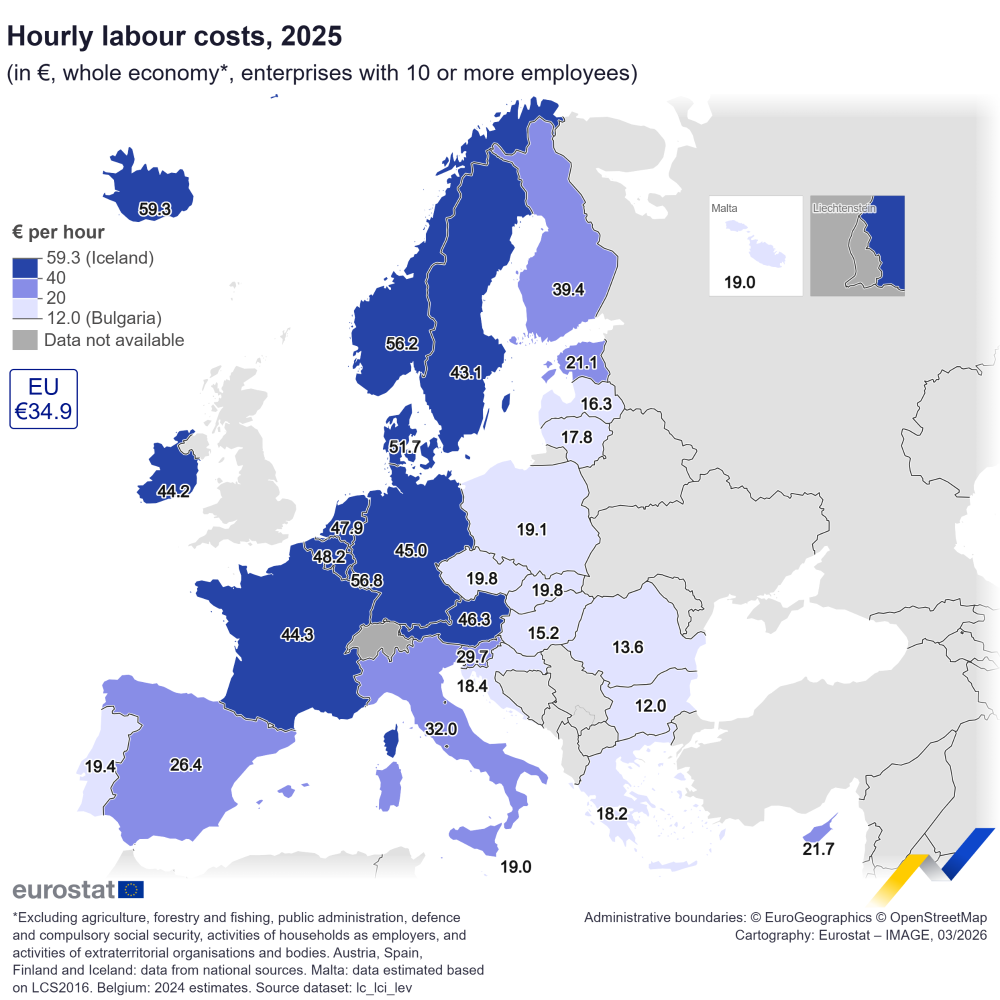 Hourly labour costs, 2025 (in €, whole economy*, enterprises with 10 or more employees). Map. Link to full dataset below. 
