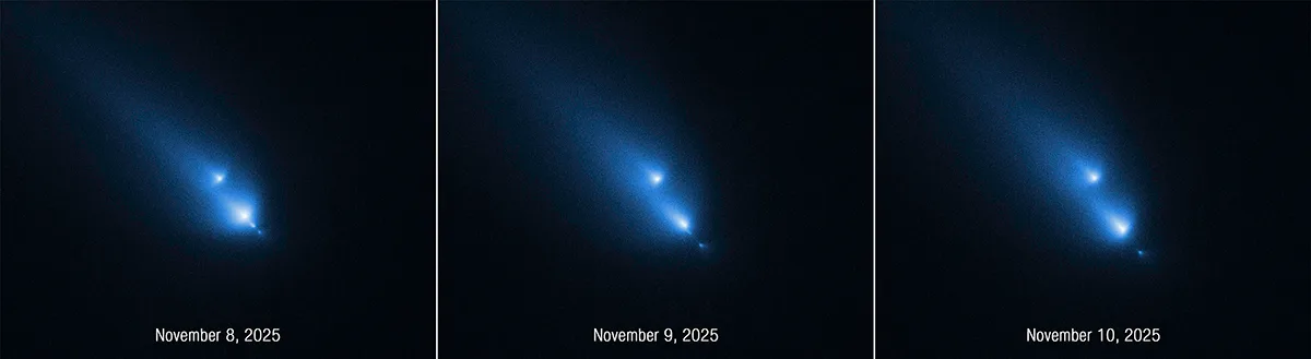 Observations of comet C/2025 K1 (ATLAS) breaking up, as seen by the Hubble Space Telescope in November 2025. Image: NASA, ESA, Dennis Bodewits (AU); Image Processing: Joseph DePasquale (STScI)