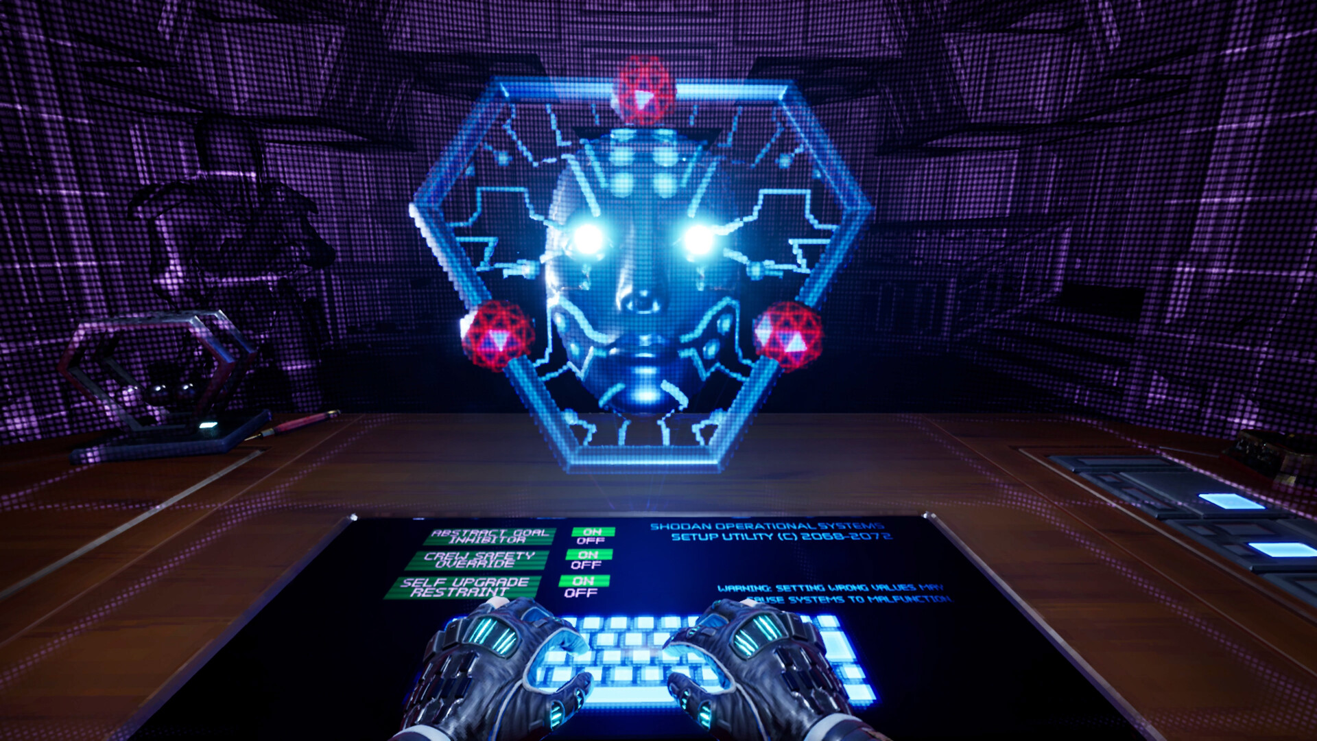 A first-person screenshot of the System Shock remake, showing the AI villain SHODAN.