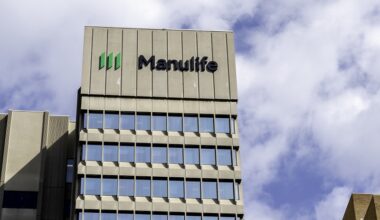 Manulife head office building in Toronto, Canada. Manulife is a Canadian multinational insurance company.