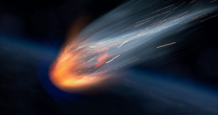 Fast Blazing Asteroid Meteor over Earth atmosphere, Realistic vision