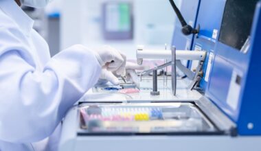 A lab technician in gloves uses tweezers to handle samples on a clean workstation.