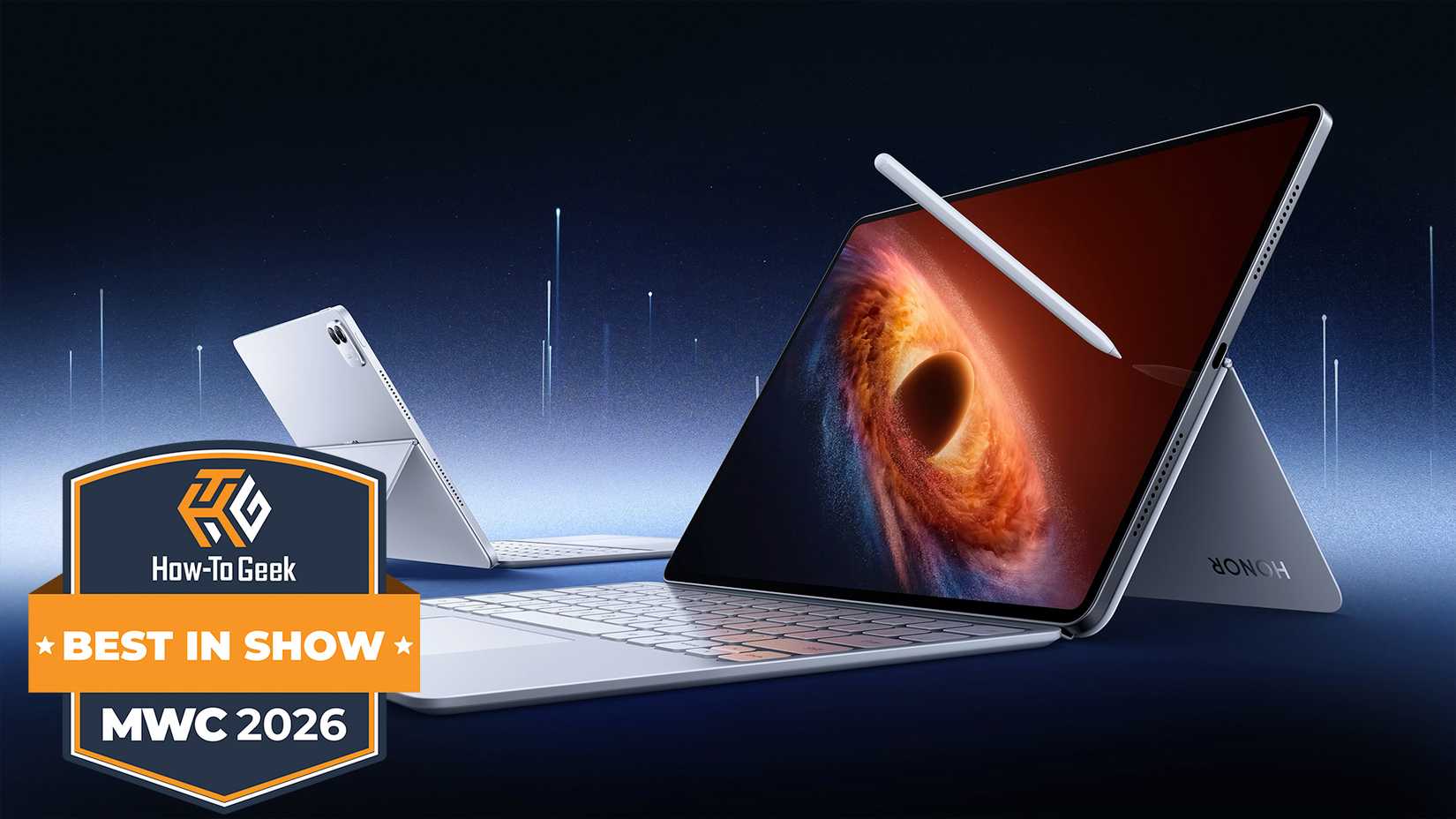 Illustration of the Honor MagicPad 4 with a stylus and keyboard case.