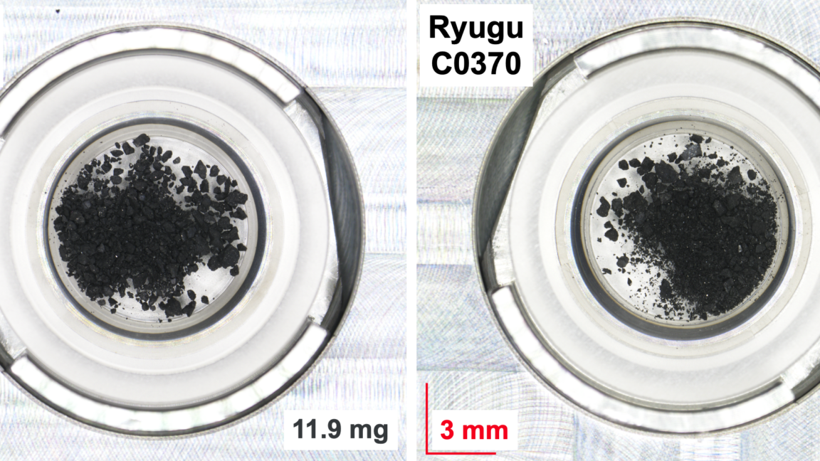 Image of two dishes, both containing a dark powdery material with larger chunks in it.