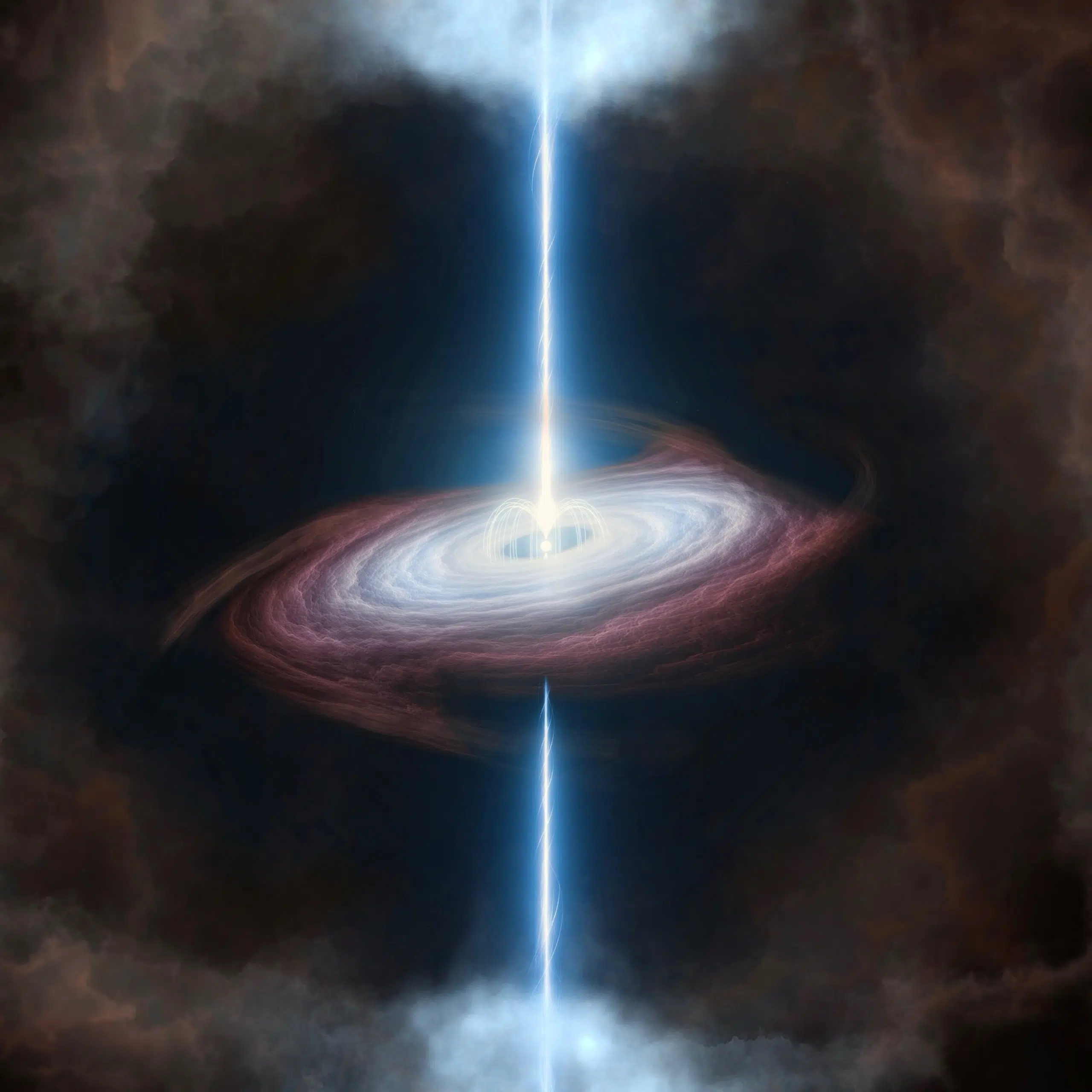 Artist's conception of a magnetar surrounded by an accretion disk that is wobbling, or precessing, because of the effects of general relativity. Some models of magnetars suggest that high-speed jets of charged particles emanate from the magnetar along its rotation axis. Credit: Joseph Farah and Curtis McCully, Las Cumbres Observatory