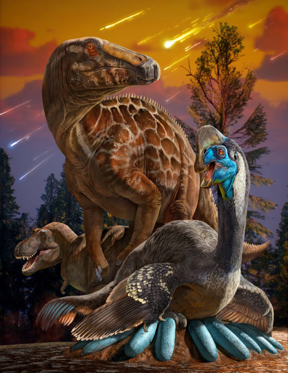 An artist’s depiction of a Late Cretaceous oviraptorosaur, a hadrosaur, and a tyrannosaur in central China. Image credit: Institute of Vertebrate Paleontology and Paleoanthropology, Chinese Academy of Sciences.