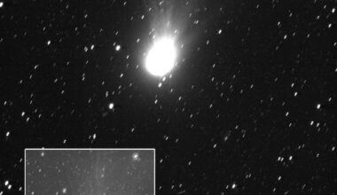 This image of the interstellar comet 3I/ATLAS was captured by the JANUS camera aboard ESA’s Juice spacecraft on November 6, 2025, just seven days after the comet made its closest approach to the Sun. At the time, Juice was about 66 million km (41 million miles) away from the comet. The inset in the image shows the same data, but processed to highlight the coma structure. The arrows in the top left indicate the direction in which the comet was moving (blue) and the relative direction of the Sun (yellow). Image credit: ESA / Juice / JANUS.
