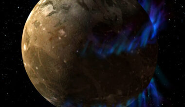 An artist’s concept of aurorae on Jupiter’s moon Ganymede. Image credit: NASA / ESA / G. Bacon, STScI / J. Saur, University of Cologne.