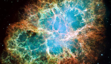 This is a mosaic image, one of the largest ever taken by Hubble of the Crab Nebula, a 6-light-year-wide expanding remnant of a star’s supernova explosion. Japanese and Chinese astronomers recorded this violent event nearly 1,000 years ago in 1054, as did, almost certainly, Native Americans. Image credit: NASA / ESA / J. Hester / A. Loll, Arizona State University.