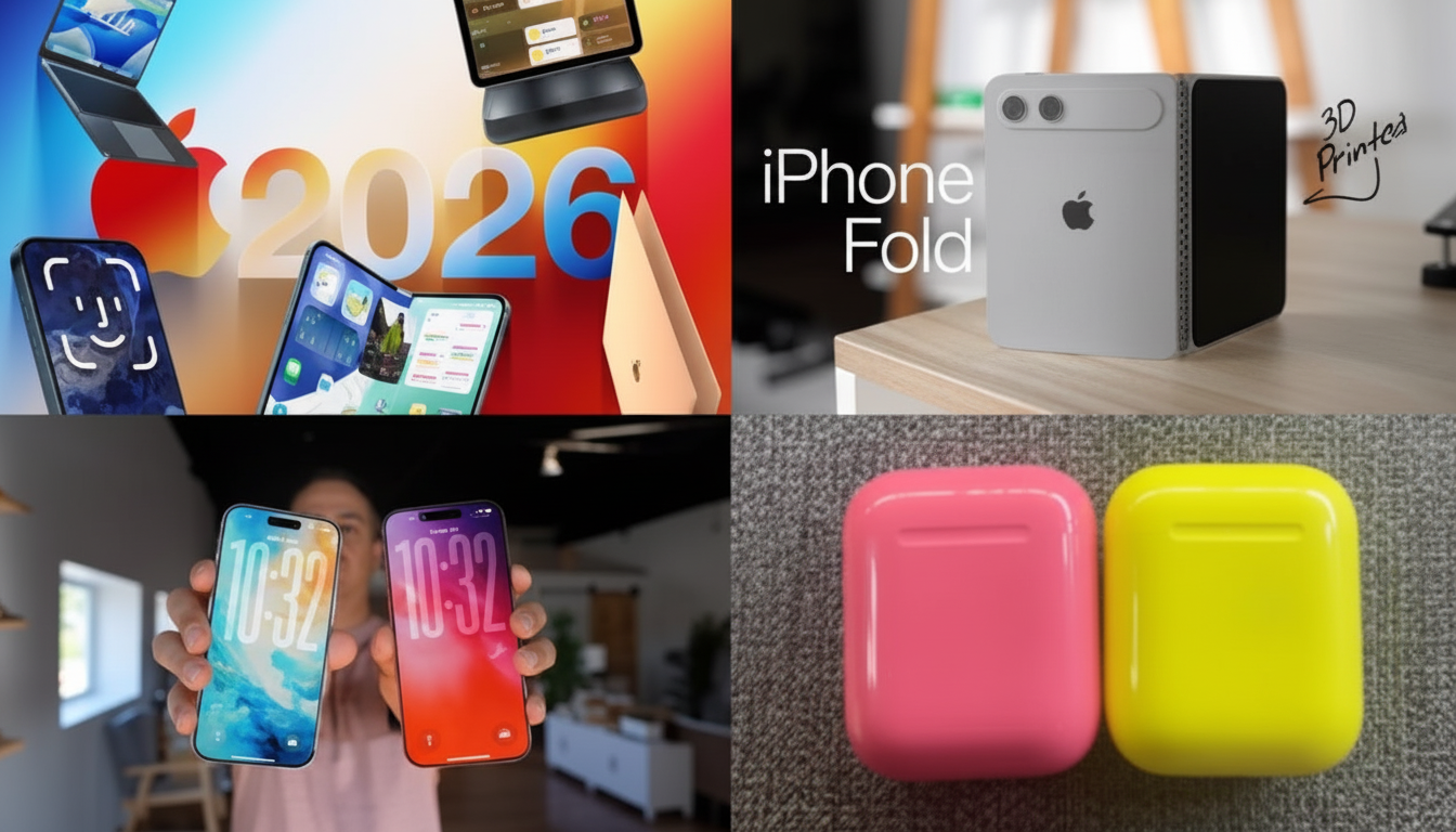 A collage of four images related to Apple products. The top left shows various conceptual Apple devices with 2026 in the background. The top right displays a 3D-printed iPhone Fold concept. The bottom left features a person holding two iPhones. The bottom right shows two colorful AirPods cases, one pink and one yellow.