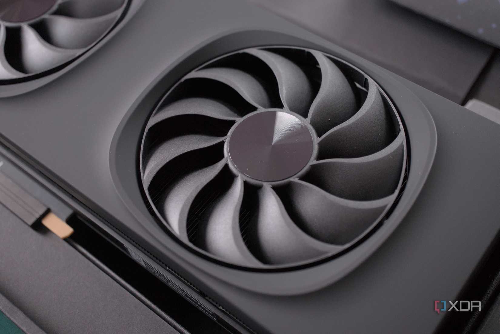 An image of the Intel Arc B580, close up of the fans.