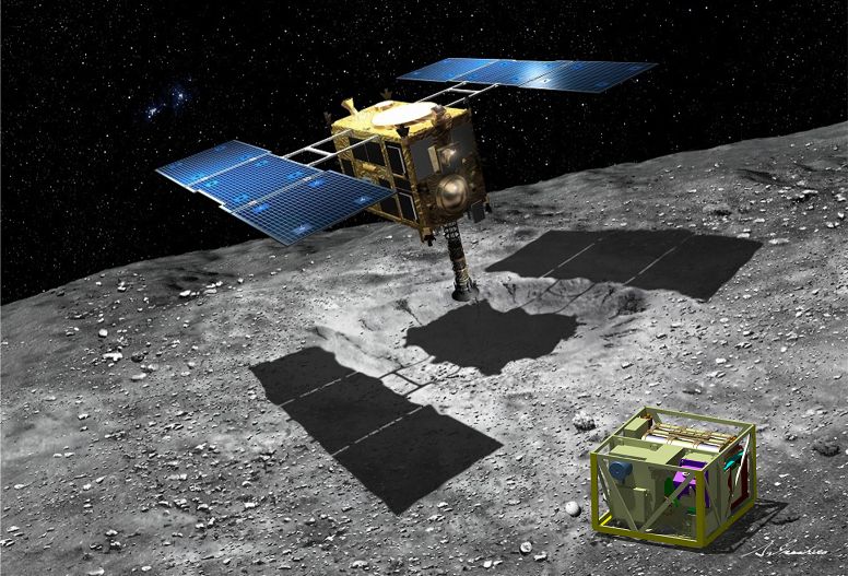 Artist's concept of Japan's Hayabusa 2 spacecraft near its target asteroid, currently called to 1999 JU3.