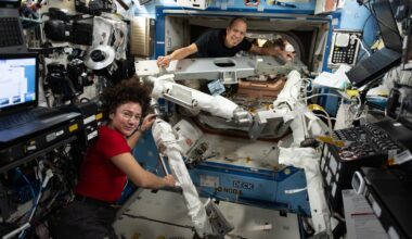 NASA astronauts Jessica Meir and Chris Williams, both Expedition 74 flight engineers, familiarize themselves with the hardware they will use to install a modification kit and route cables on the port side of the International Space Station. The duo will conduct a spacewalk using the hardware to prepare the orbital outpost for a future roll‑out solar array that will be installed during a later spacewalk.