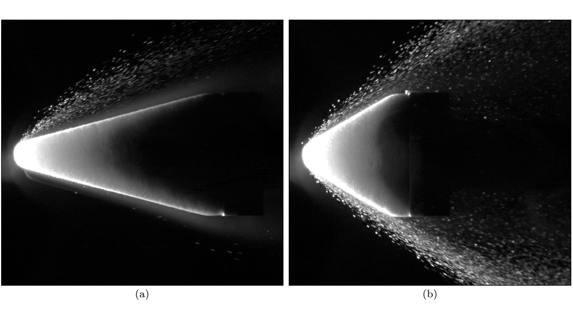 two side-by-side images showing conical bursts of nitrogen in a test chamber